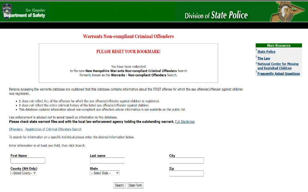 Department of Safety free New Hampshire warrant search form requiring first name, last name, city, county, state, and zip code.