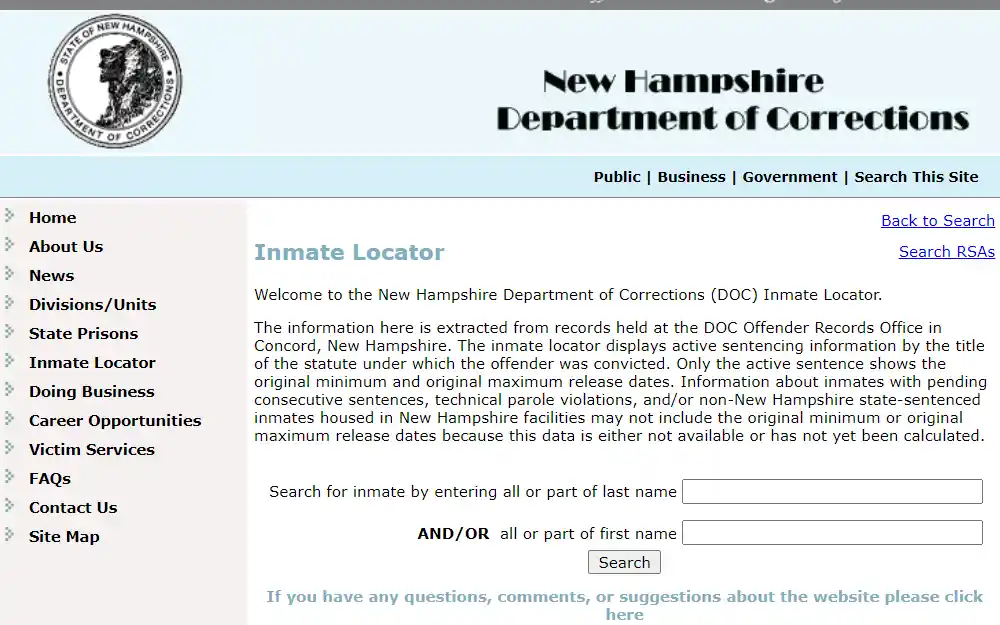 A screenshot from the New Hampshire Department of Corrections inmate locator page; to search for an inmate, a searcher must input the inmate's last name and the inmate's first name, then hit the search button located at the bottom, the department logo is in the top left corner.