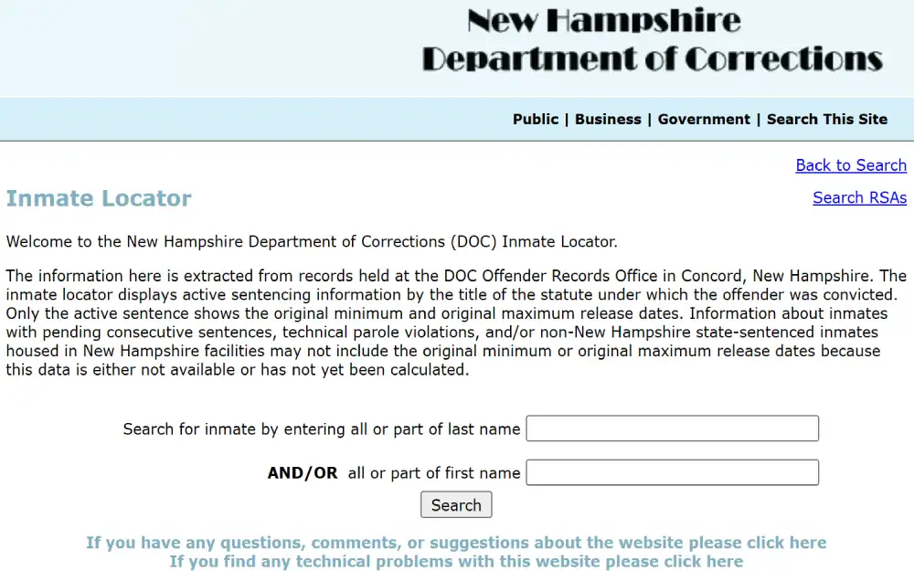 New Hampshire Department of Corrections inmate locator form to search free criminal records in New Hampshire as well as current inmates.