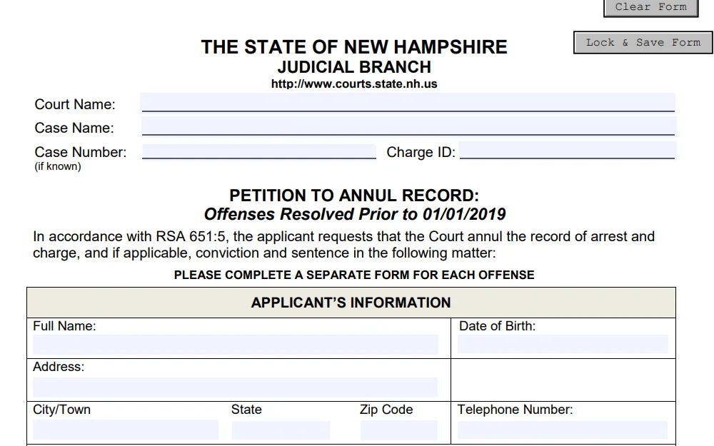 A screenshot from New Hampshire Judicial Branch showing its form for the petition to annul record, where the court and case name and number are required, including the applicant's information: full name, DOB, address, and contact number.