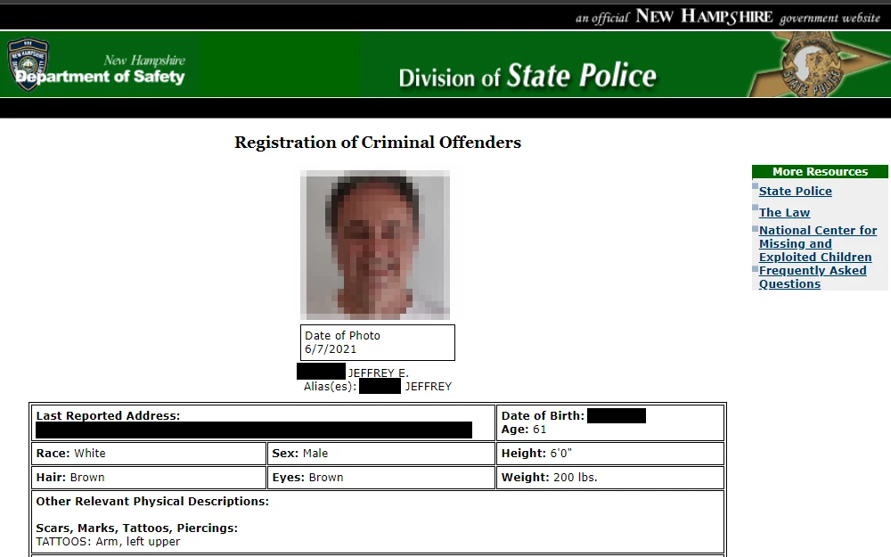 A screenshot from the New Hampshire Department Society's registration of criminal offenders with the offender's photo, date when it was taken, complete name, alias, as well as his personal information like last reported address, date of birth, race, sex, height, hair color, eye color, weight, and other relevant physical descriptions with the New Hampshire Department of Safety's logo on the top left corner and the Division of State Police logo on the upper right corner.