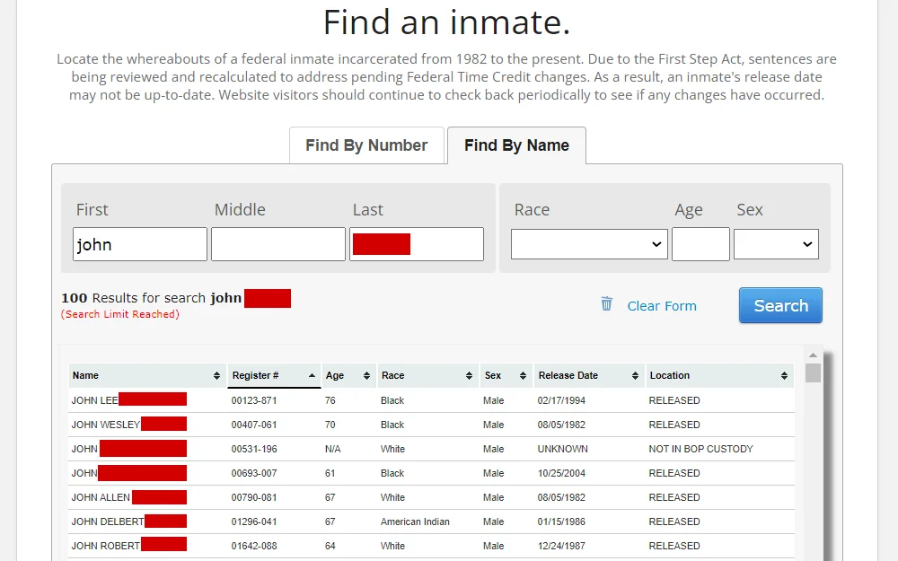 Search results from an inmate search my name from the Federal Bureau of Prisons page, showing the list of offenders with their names, register numbers, ages, races, sex, release date, and location; scroll bar to view more results.