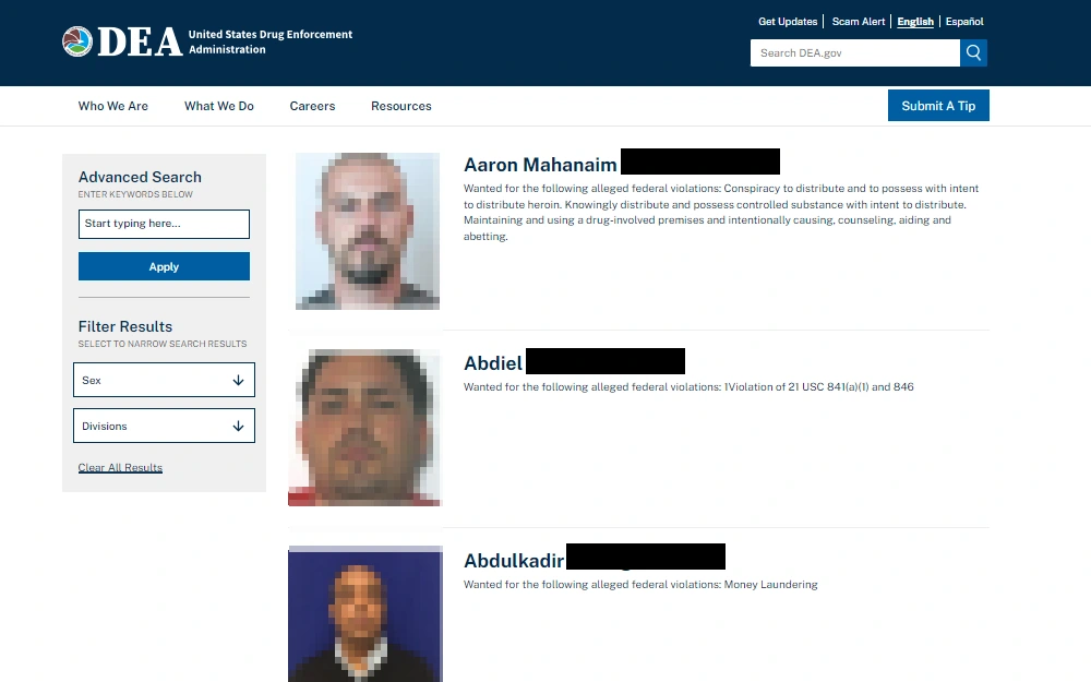 A screenshot from the United States Drug Enforcement Administration Webpage showing the list of fugitive individuals, including their full names, mugshot, and offense details; the "Submit a Tip" button is also available at the right part, and the DEA logo is at the top left corner.