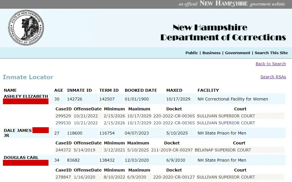 A screenshot from the New Hampshire Department of Corrections webpage showing the inmate locator search result displaying the inmate's details such as full name, age, the inmate and term ID, booked date, and facility; the department logo is at the top left corner.