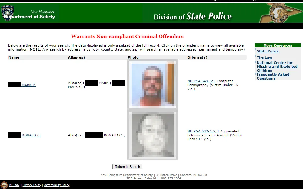 A screenshot of the offender's details from the New Hampshire Department of Safety's criminal offender search displays the inmate's full name, alias(es), mugshot, and offense details; the department logo is at the top left corner.