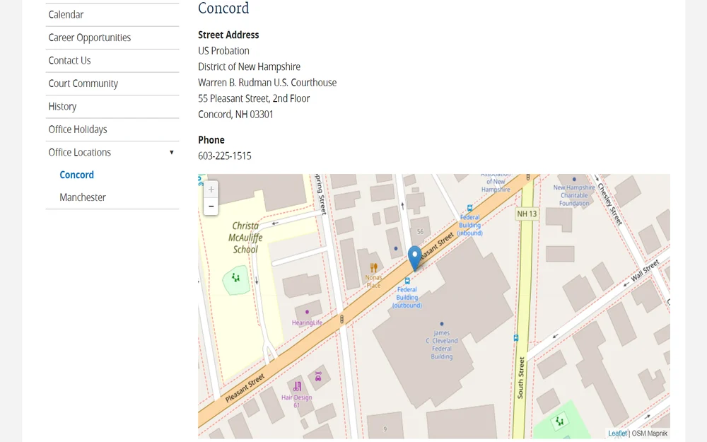 A detailed map view focusing on the Warren B. Rudman U.S. Courthouse in Concord, NH, showing its proximity to Christa McAuliffe School and other landmarks, complete with street names and navigation details.