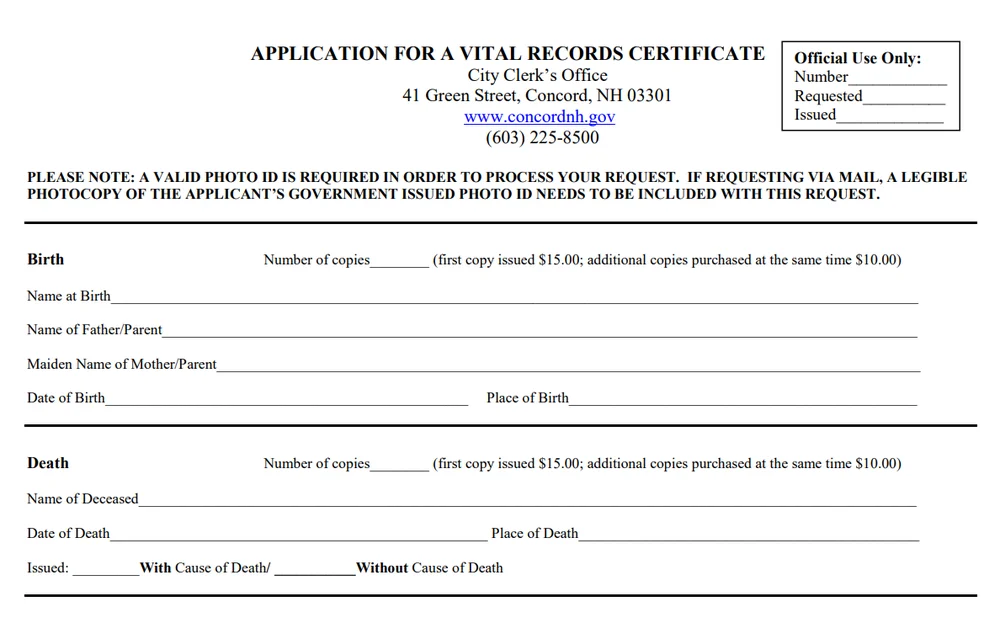 An application form for requesting certified copies of vital records, instructing applicants to provide a valid photo ID and complete details for the record search or certificate order, available for submission both in person at the clerk's office or by mail.