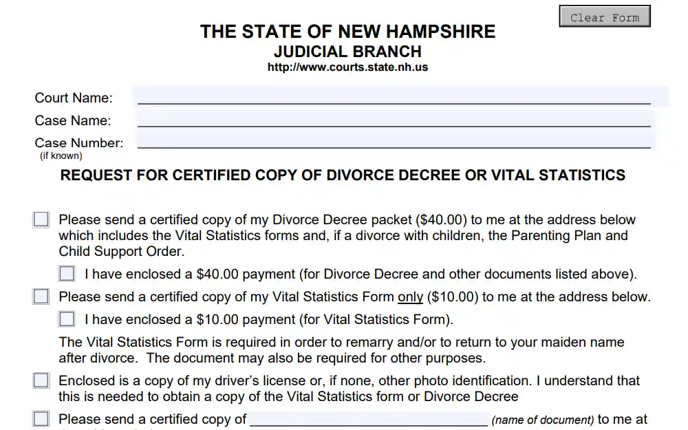 Screenshot of the certified copy of divorce decree request form with fields for court name, case name and number, and a checklist.