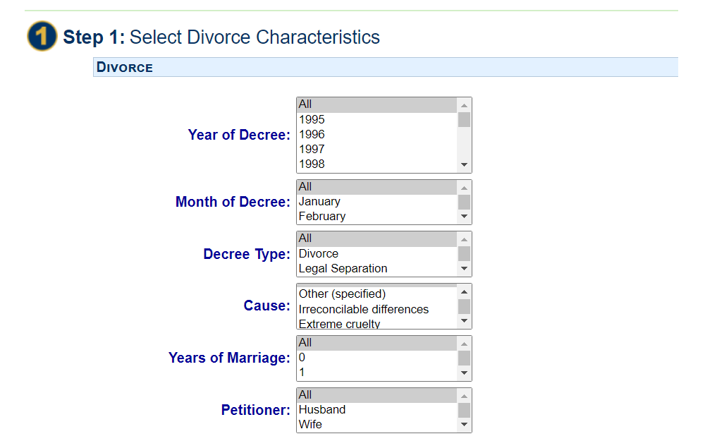 Screenshot of the initial step for a divorce query showing categories to complete such as type and date of decree, grounds for divorce, year of marriage, and petitioner.