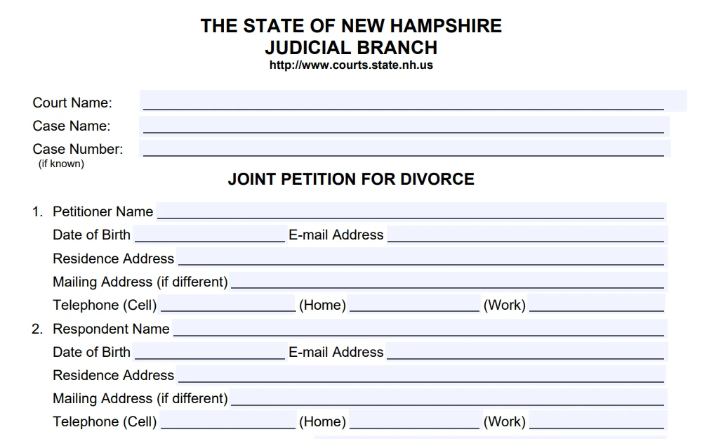 Screenshot of a section of the joint petition for divorce with fields to be filled in, including the court's name, case's name and number, and the names, birth dates, and addresses of both parties.