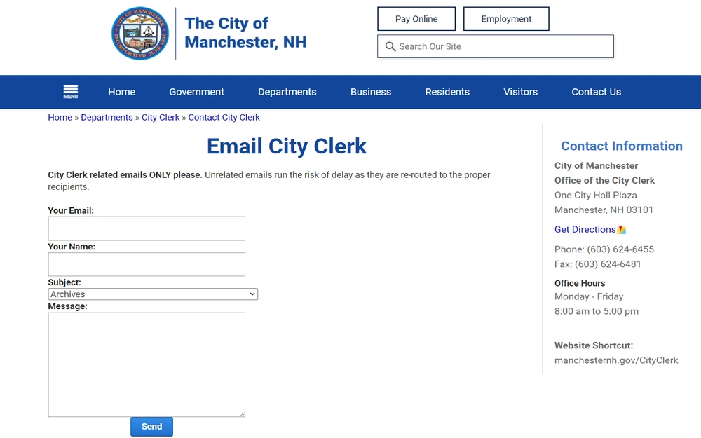 A screenshot of the City of Manchester's website providing an online form for emailing the City Clerk, along with contact information, directions, and office hours for in-person inquiries.
