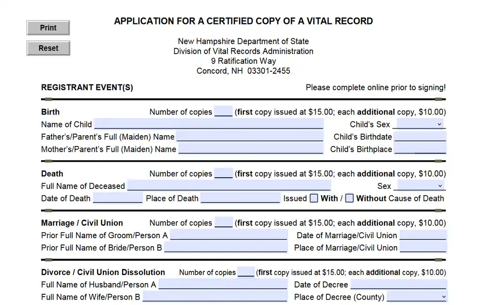 An application form for obtaining certified vital event documents through the New Hampshire Division of Vital Records Administration, providing a streamlined process for in-person or mail requests with detailed instructions for each type of record.