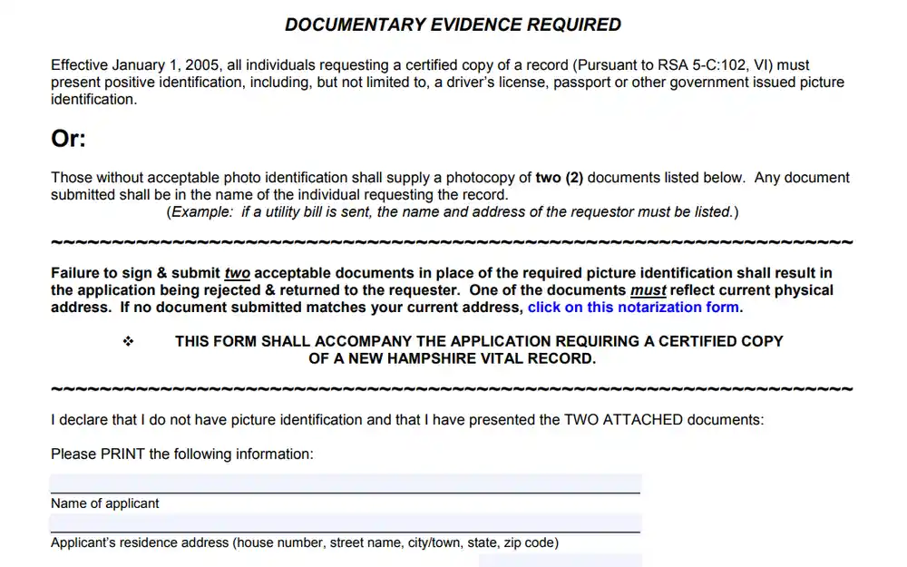 A screenshot of a form requiring individuals without photo identification to provide two alternative documents for identity verification when requesting certified records, along with a declaration section for the applicant to list their personal information.