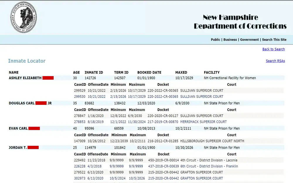 A detailed listing from a state department of corrections featuring an inmate locator that includes names, ages, identification numbers, incarceration terms, booking and release dates, along with the facility names and associated court information, formatted in a table for public access.