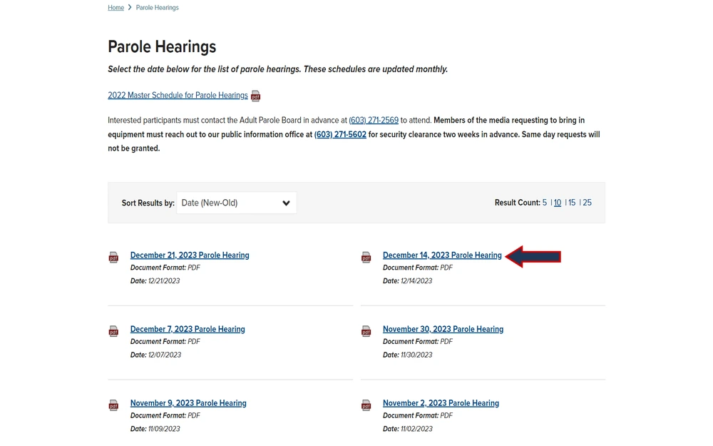 A list of upcoming parole hearings, sorted by date, with links to detailed PDF documents for each hearing, and instructions for interested participants regarding how to contact the parole board and the required security clearances for attendance.