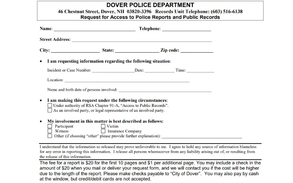 A screenshot from the Dover Police Department detailing personal information, details about the situation being inquired, the circumstances under which the request is made, the requester's involvement, and the associated fees for report copies.