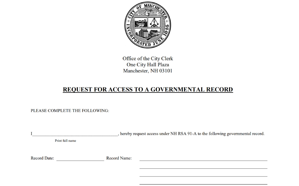 A screenshot from the Manchester Office of the City Clerk detailing a request for access to a governmental record, with spaces provided for the applicant to print their full name, record date, record name, and other personal contact details.