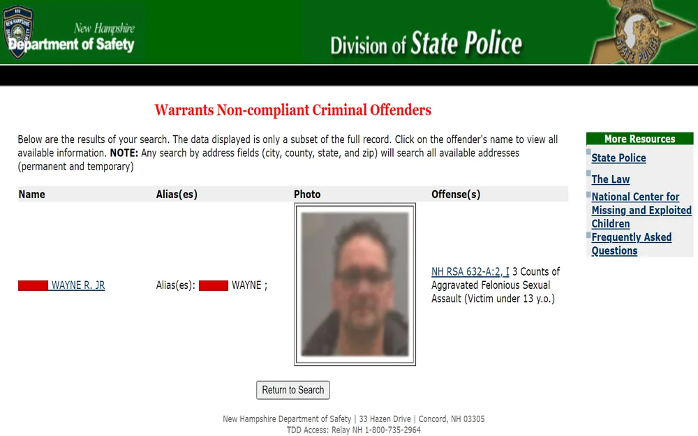 A screenshot from the New Hampshire Department of Safety detailing the offender's name, alias, photo, and a specific offense related to a sexual assault charge.