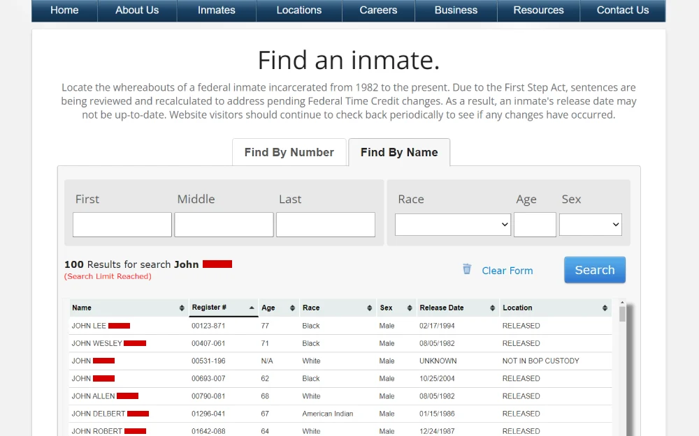 A screenshot from the Federal Bureau of Prisons with a form for finding an inmate by name, showing registration numbers, ages, races, sexes, release dates, and locations.