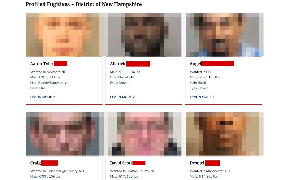 A screenshot featuring the profiled fugitives showing the mugshot photos, name, height, weight, hair and eye color from the Source: U.S. Federal Government, U.S. Department of Justice website.
