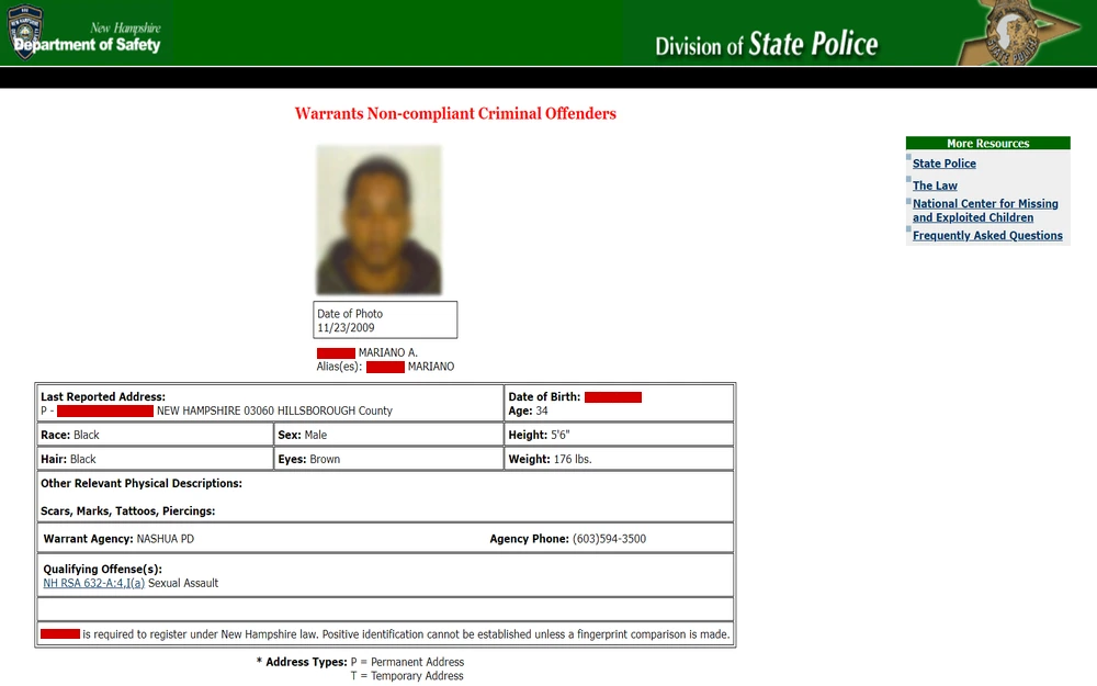 A screenshot from the New Hampshire Department of Safety displaying a non-compliant criminal offender notice including a photograph, personal details such as name, aliases, physical description, address, offense, and contact information for the warrant agency.