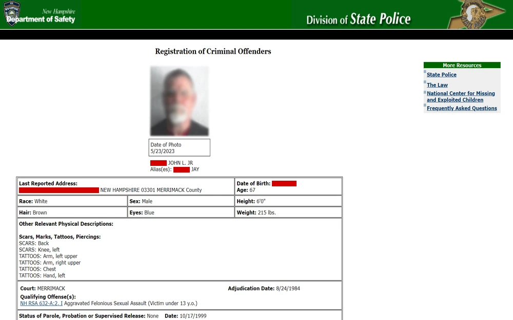 A screenshot displaying a criminal offender registration form from the New Hampshire Department of Safety, including a photograph with the date, personal identifiers, physical description, address, offenses, and court information.