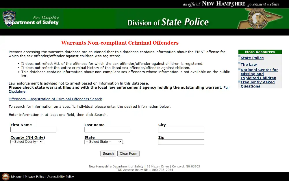 A screenshot of the warrants of non-compliant criminal offenders displaying search filters such as first and last name, city, county, state and zip code from the New Hampshire Department of Safety, Division of State Police website.