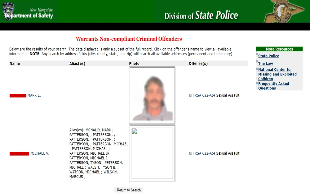 A screenshot of the offender's details from the New Hampshire Department of Safety's criminal offender search displays the inmate's full name, alias(es), mugshot, and offense details; the department logo is at the top left corner.